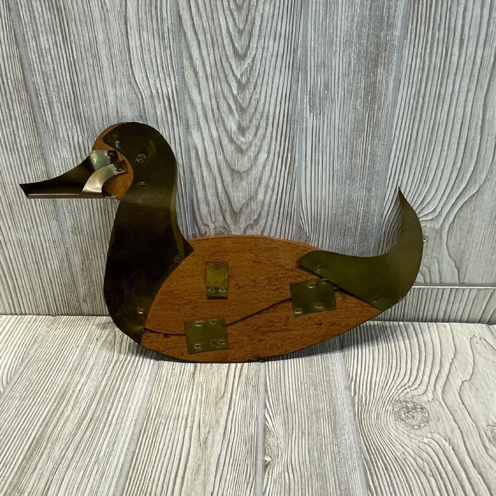 Handmade Vintage Wood and Brass Duck Wall Hanging Mid Century Modern Decor